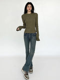 Vintage Green Crop Sweater Women Fairy Grunge Striped Pullover Casual Slim Knitted Jumper Harajuku Fashion Sueter Mujer