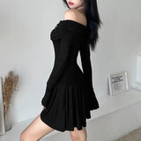 Black Off Shoulder Long Sleeve Pleated Dress