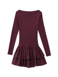 Fashion Women Round Neck Pleated Solid Mini Dress Chic High Waist Long Sleeve Short Vestdios Elegant High Street Robes