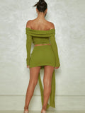 Green Ruched Skirt Set Women Off-shoulder Long Sleeve T-shirt And Mini Skirt Matching Sets Bodycon Sexy Dress Set