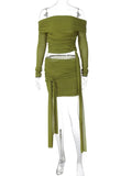 Green Ruched Skirt Set Women Off-shoulder Long Sleeve T-shirt And Mini Skirt Matching Sets Bodycon Sexy Dress Set