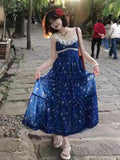 New Vintage Blue Lace Floral Dress Woman Holiday Sext Backless Midi Dress Casual Sleeveless Korean Fashion Dress Chic