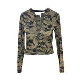 American Retro T Shirt Women Camouflage Lace Up Crop Tops Hollow Out Y2k Vintage Tshirts Japanese 2000s Grunge Tops