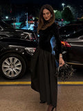 Elegant Black Patchwork Full Sleeves Long Dress Fashion Solid Velvet Slim Fit Pleated Hem Maxi Dresses New Woman Club Party Robe