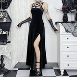 Mall Goth Velvet Dress Women Fairycore Grunge Elegant Punk Pentagram Hollow Out Sleeveless Halter Split Dress Partywear