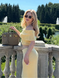 Elegant Yellow Knitted Skirt Sets Women Slim Off Shoulder Pullovers Top High Waist Skirts Lady Holiday Vacation 2 Pieces Set﻿