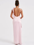 Backless Thigh High Split Sexy Maxi Dress For Women Fashion High Elastic Satin Sleeveless Bodycon Club Party Long Dress