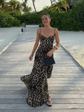 Fashion Women Leopard Print Sleeveless Sling Maxi Dress Sexy Backless Slim Pleated Long Vestdios Chic Beach Vacation Robes