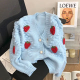 Sweet Strawberry Embroidered Sweater Coat for Women's Thickened New Soft Knitted Cardigan Single-breasted V-neck Loose Top