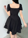 Black Square Neck Slim Pleated Mini Dress