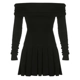 Black Off Shoulder Long Sleeve Pleated Dress