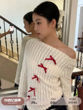 Skew Collar Off Shoulder Knitted Tops Women Spring Autumn New Bottoming Pullovers Y2k Long Sleeve Slim Fit Sweaters