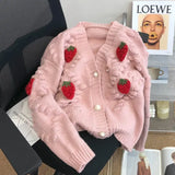 Sweet Strawberry Embroidered Sweater Coat for Women's Thickened  New Soft Knitted Cardigan Single-breasted V-neck Loose Top