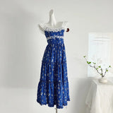 New Vintage Blue Lace Floral Dress Woman Holiday Sext Backless Midi Dress Casual Sleeveless Korean Fashion Dress Chic