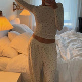 Women 2 Piece Pant Sets Spring Autumn Clothes Solid Color Long Sleeve Crop Tops and Elastic Wide Leg Pants Sleepwear