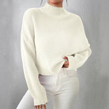 Women's Ribbed Knitted Sweater, Mock Neck Long Sleeve Pullover, Solid Color High Neck Drop Shoulder Jumper