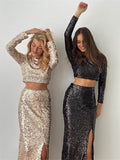 Night Club 2 Piece-Set Maxi Skirt Female Sequin Cropped Top And High Waist Split Long Skirt Sets Glitter Fashion Outfits