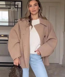 Winter Women's Loose Jacket Stand Collar Long Sleeve Single Breasted Casual Jacket Women's Wool Blend Top Khaki Y2K