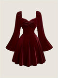 Velvet Elegant V-Neck Long Sleeve Dress - Pleated with Lace Detail, Perfect for Fall/Winter Parties & Banquets