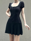 Gothic Knitted Lace Puff Sleeve Short Dress