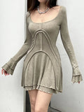 Vintage Khaki Flare Sleeve A-Line Dress