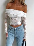 1pc Elegant Lace Cropped T-Shirt for Women - Sexy Off-Shoulder Long Sleeve Top, Solid Color, Woven Polyester, Spring/Summer/Fall Fashion