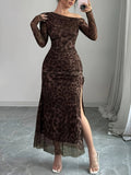 Leopard Print Asymmetrical Neck High Slit Dress - Polyester and Elastane, Machine Washable - Fall/Winter Collection