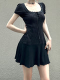 Gothic Knitted Lace Puff Sleeve Short Dress