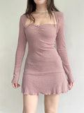 Pink Sweet Square Neck Knit Mini Dress