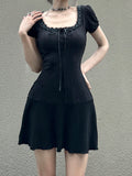 Gothic Knitted Lace Puff Sleeve Short Dress