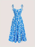 Elegant Y2K Floral Midi Dress for Women - Blue with White Flowers, Off-Shoulder Design, Tie Straps, A-Line Silhouette, Polyester, Machine Washable - Perfect for Summer