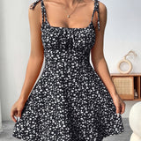 Comfortable 1pc Women's Floral Print Vacation Style Summer Dress, Polyester Spaghetti Strap Sundress with Tie-Back Detail and Scoop Neckline, Quick-Drying Casual Flared Mini Dress for Adults