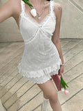 Sweet Ruched Lace Trim Bow Mini Dress