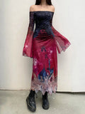 Vintage Flare Sleeve Tie Dye Mesh Long Dress