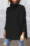 Pbong - Black Casual Solid Slit Turtleneck Tops