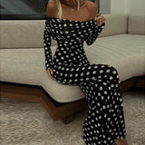 Spring Polka Dot Print Slim Bodycon Long Dress Women Sexy Slash Neck Draped Party Dress Summer Off Shoulder Boho Maxi Dress