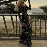 Spring Polka Dot Print Slim Bodycon Long Dress Women Sexy Slash Neck Draped Party Dress Summer Off Shoulder Boho Maxi Dress