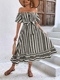 Printed Off-Shoulder Tie Belt Midi Dress