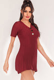 Buttoned Short Sleeve V-Neck Knit Dress