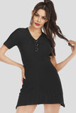 Buttoned Short Sleeve V-Neck Knit Dress