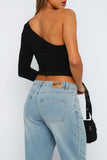 Pbong - Black Casual Solid Backless Asymmetrical Oblique Collar Tops