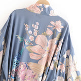 Spring Summer Bohemian V neck Peacock Flower Print Long Kimono Shirt Ethnic New Lacing up Sashes Long Cardigan Loose Blouse
