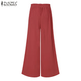 Pbong Women's Fashion Autumn Pants Vintage Elastic Waist Trousers ZANZEA Casual Wide Leg Pants Female Solid Button Bottoms