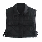 Women Green Pocekts Quilting Cropped Vests  Fashion Side Buttons Tie Turn-down Collar Waistcoat Streetwear