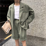 Vintage Fashion 2 Piece Outfits Women Solid Casual Blazers High Waist Suit  Short Pants Lady Sets Streetwear