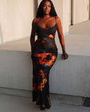 Fashion Sexy Long Sleeveless Dress Flame Print Design For Elegant  Beautiful Women Go Out Party Club Vacation Wear