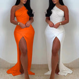 Summer Elegant Solid One Shoulder High Split Thigh Ruched Maxi Floor Dress White Sexy Corset Asymmetric Party Robes Female