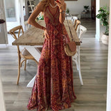 Sexy Women V Neck Party Dresses Vintage Printed Boho Long Dresses Elegant Flying Sleeve Fashion Sexy Slim Maxi Dress Mujer