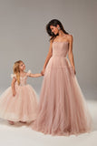 Blush Pink/Blue Long Prom Dresses Spaghetti Straps Tiered Skirt A-Line Party Dresses Ple