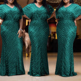 Plus Size Green Evening Party Dress For Women 3XL Elegant Wedding Formal Clothing Simple Design Sequin Long Dresses Large Sizes